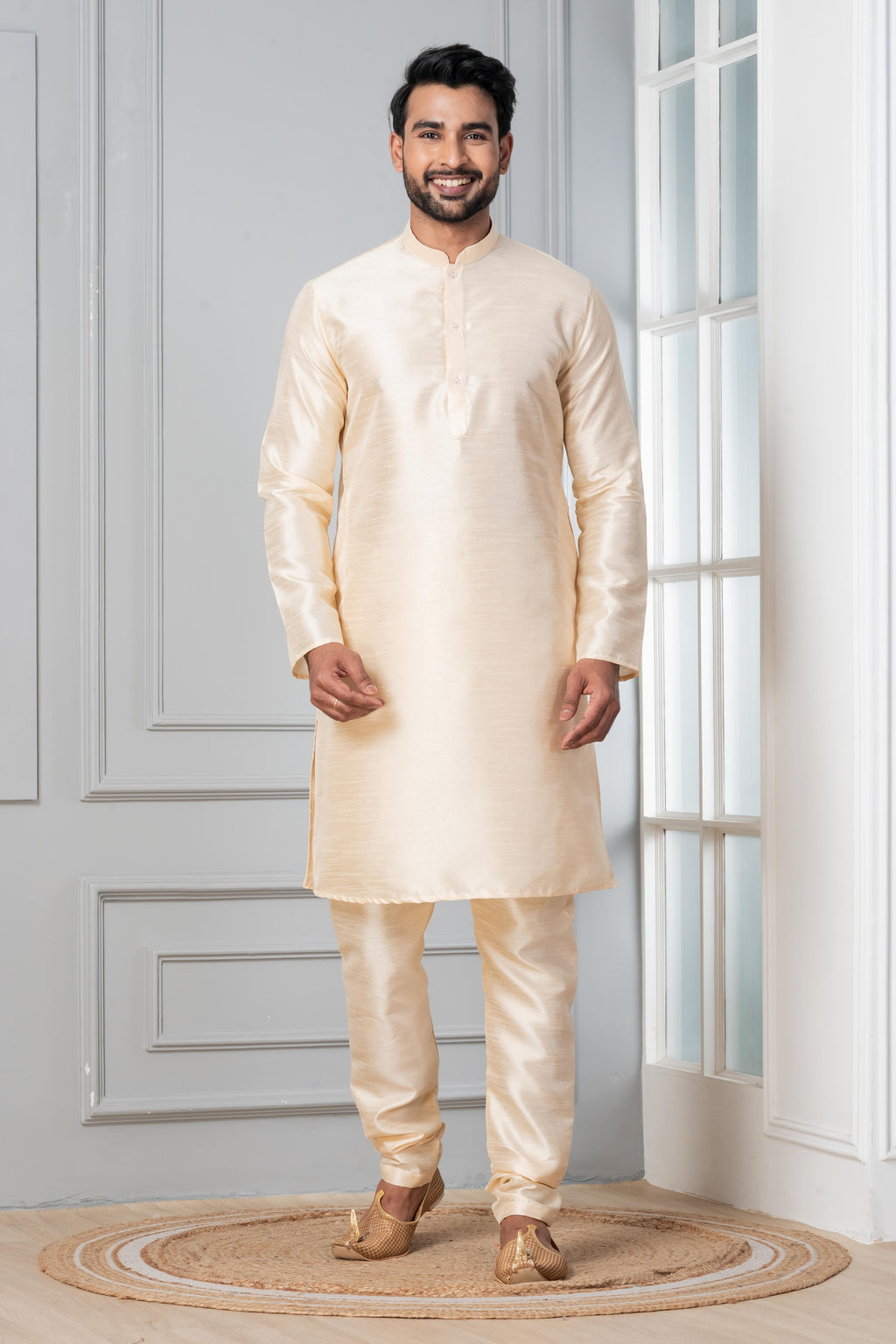 Zavaya Beige Plain Dupion Silk Kurta Churidar Set | Grocsy