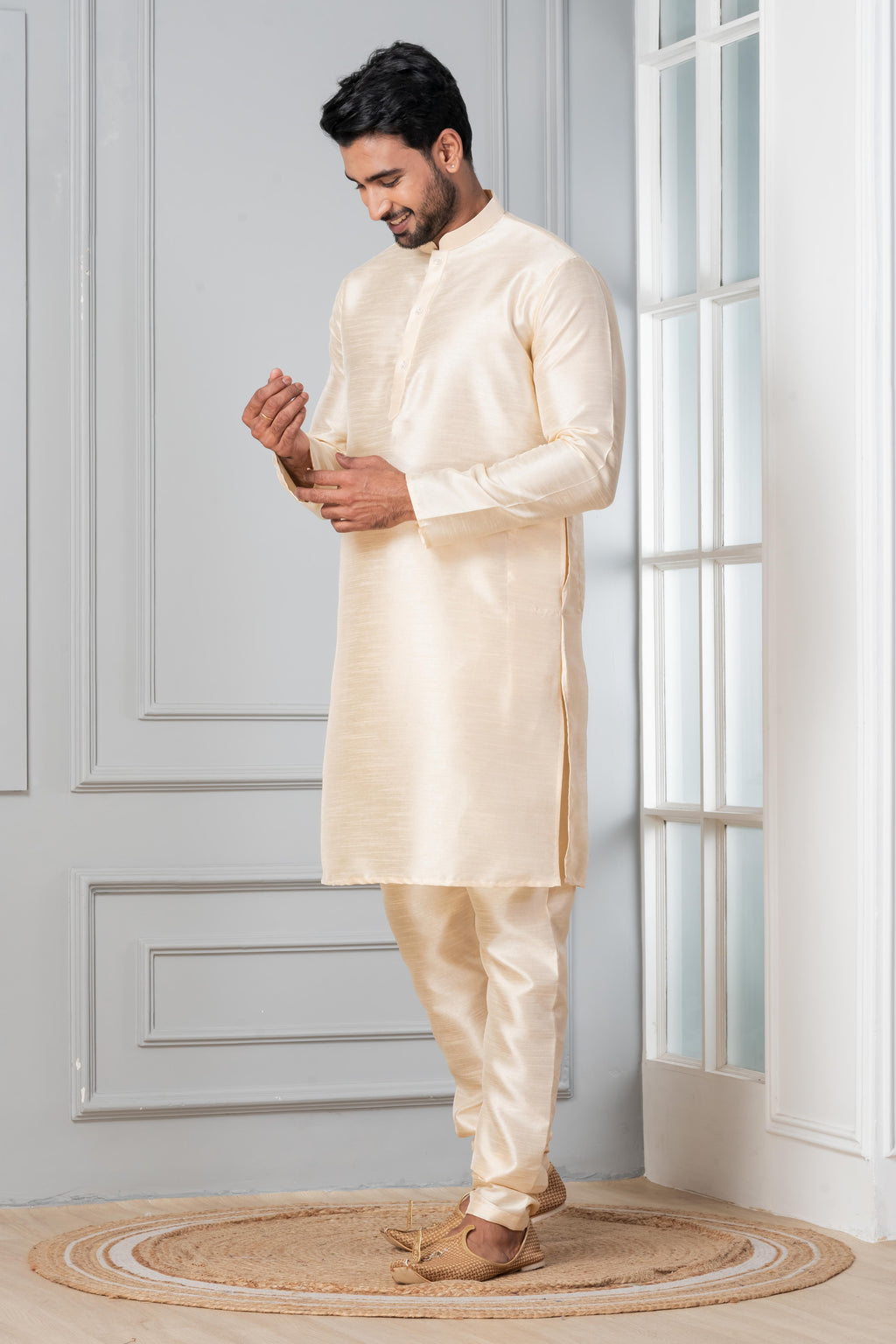 Zavaya Beige Plain Dupion Silk Kurta Churidar Set | Grocsy