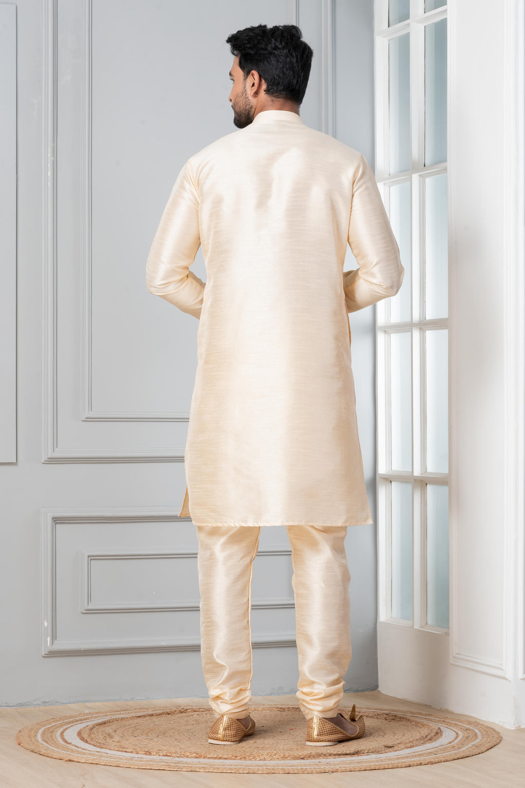 Zavaya Beige Plain Dupion Silk Kurta Churidar Set | Grocsy