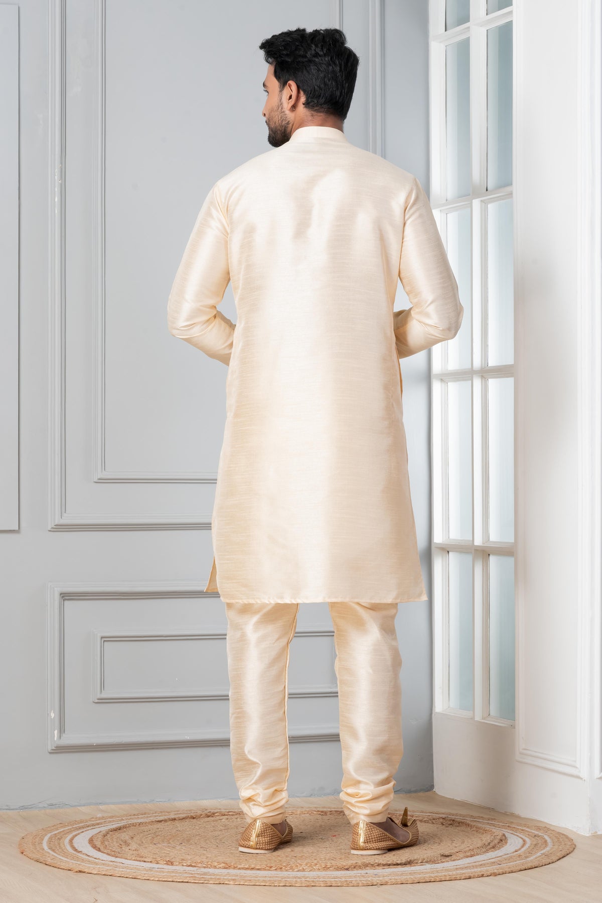 Zavaya Beige Plain Dupion Silk Kurta Churidar Set | Grocsy