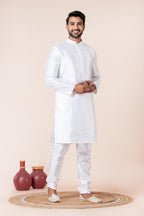 Zavaya Men White Solid Banarasi Silk Kurta Churidar Set | Grocsy