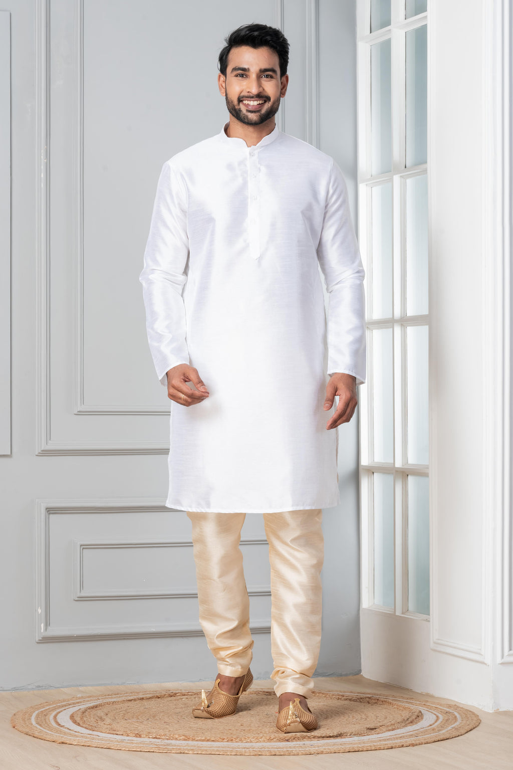 Zavaya Men White Solid Banarasi Silk Kurta Churidar Set | Grocsy