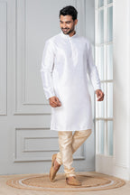 Zavaya Men White Solid Banarasi Silk Kurta Churidar Set | Grocsy