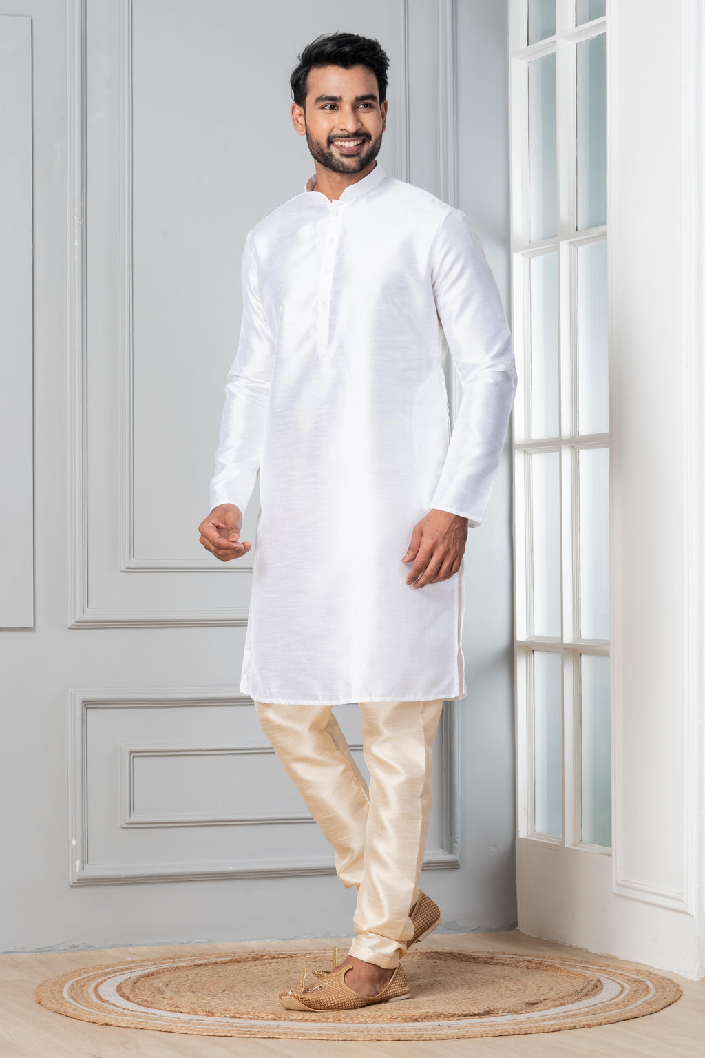 Zavaya Men White Solid Banarasi Silk Kurta Churidar Set | Grocsy