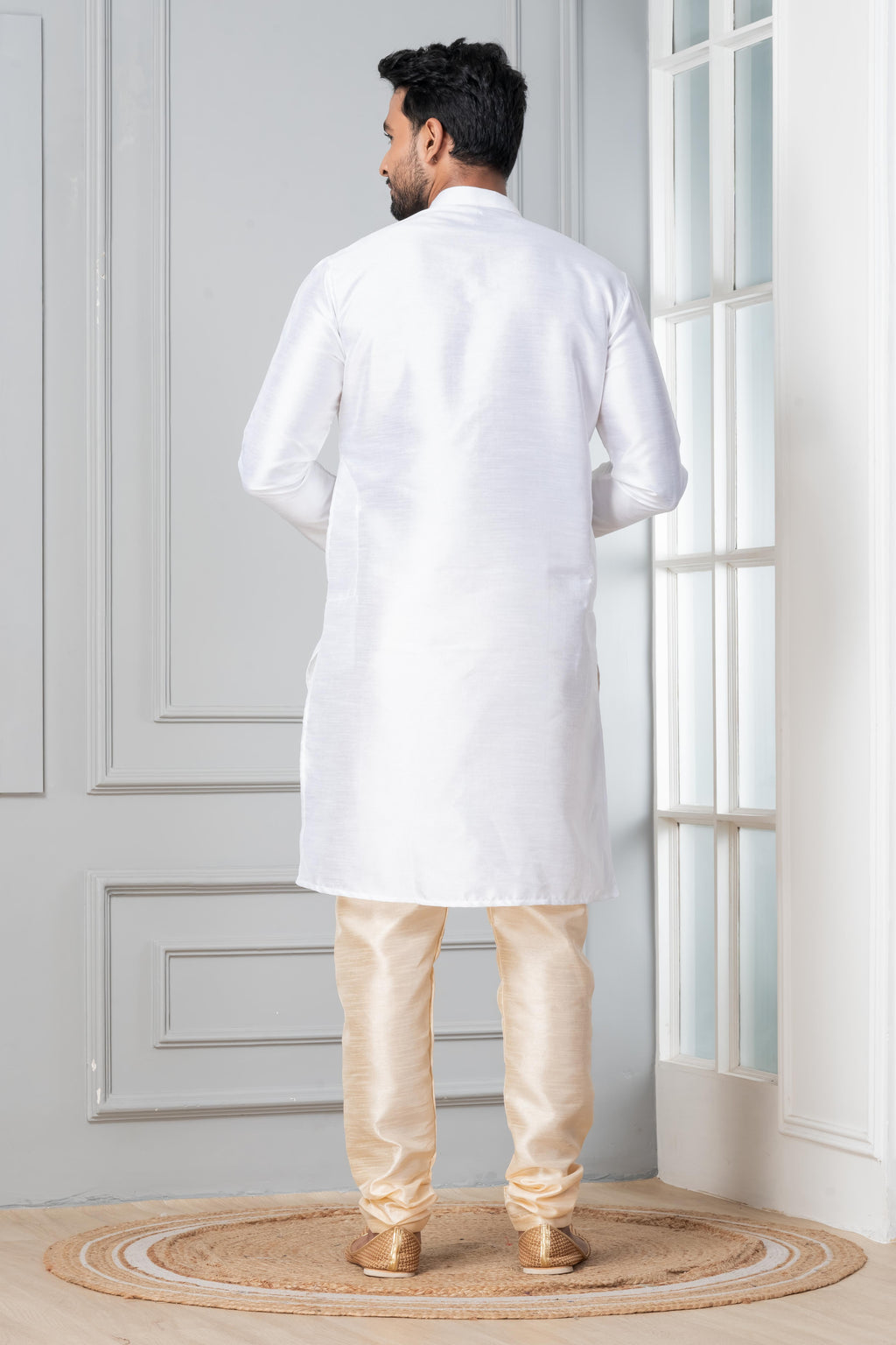 Zavaya Men White Solid Banarasi Silk Kurta Churidar Set | Grocsy