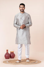 Zavaya Men Grey Solid Banarasi Silk Kurta | Grocsy