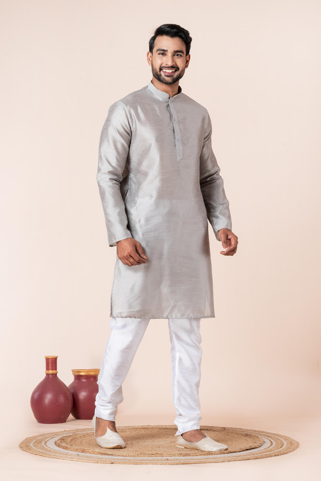 Zavaya Men Grey Solid Banarasi Silk Kurta | Grocsy