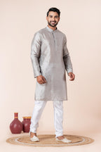 Zavaya Men Grey Solid Banarasi Silk Kurta | Grocsy