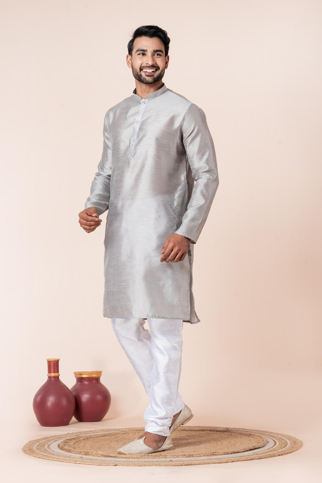 Zavaya Men Grey Solid Banarasi Silk Kurta | Grocsy