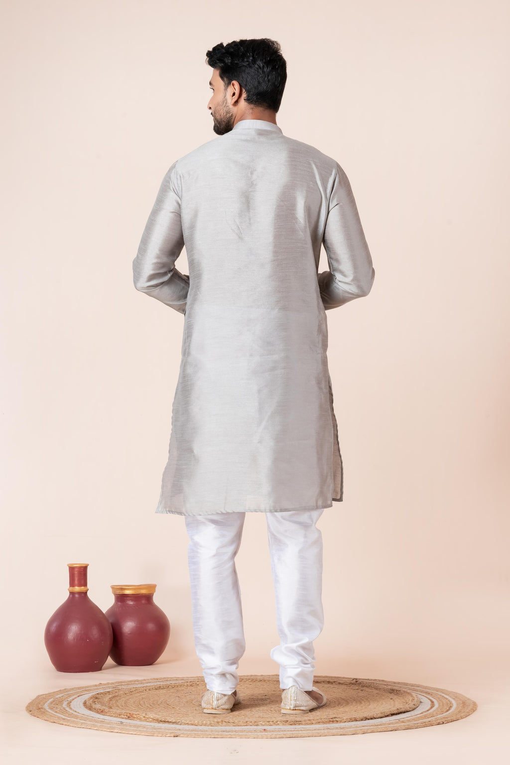 Zavaya Men Grey Solid Banarasi Silk Kurta | Grocsy