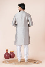 Zavaya Men Grey Solid Banarasi Silk Kurta Churidar Set | Grocsy