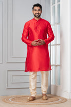 Zavaya Men Red Solid Banarasi Silk Kurta | Grocsy