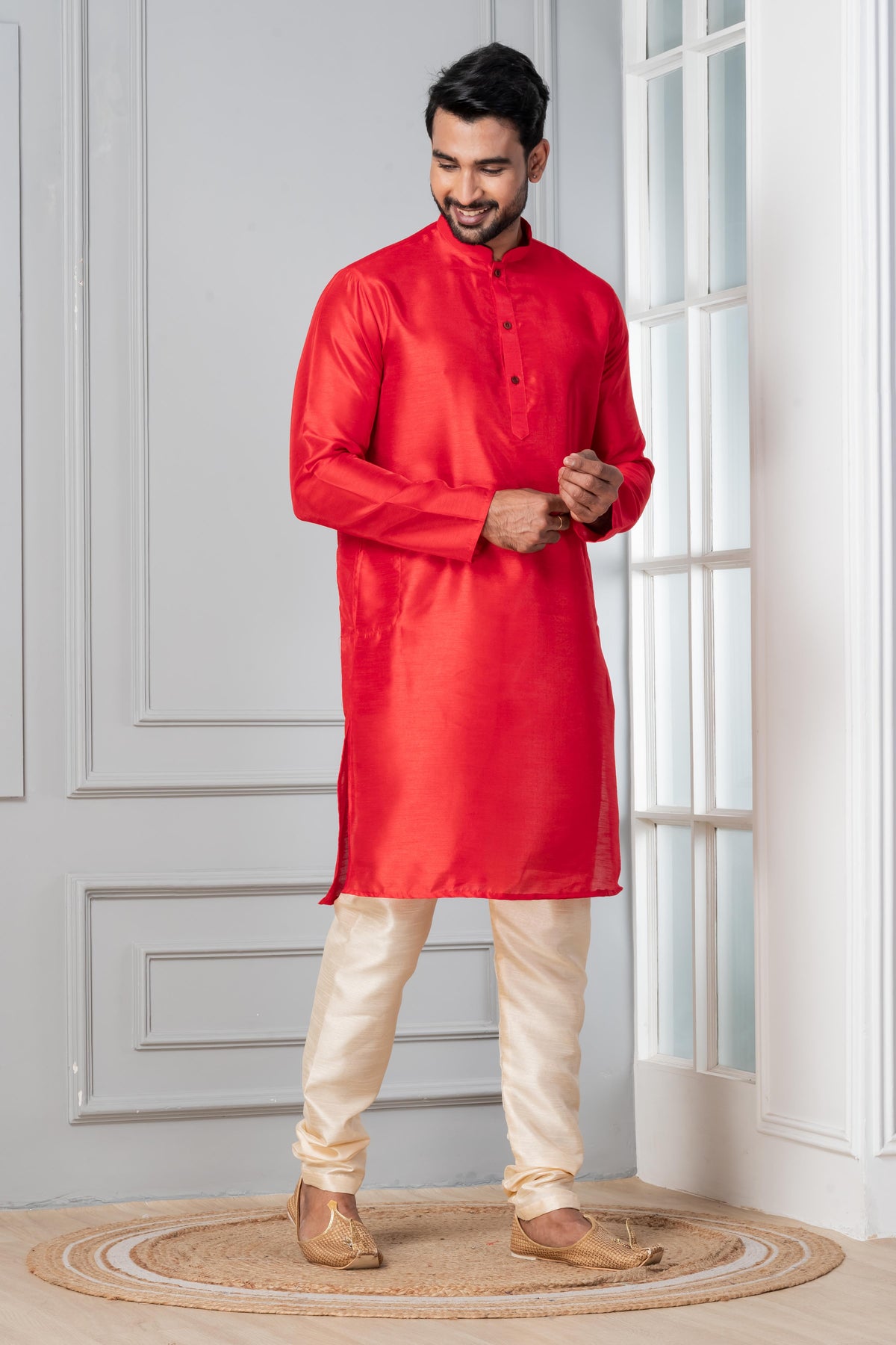Zavaya Men Red Solid Banarasi Silk Kurta | Grocsy
