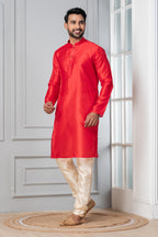 Zavaya Men Red Solid Banarasi Silk Kurta | Grocsy