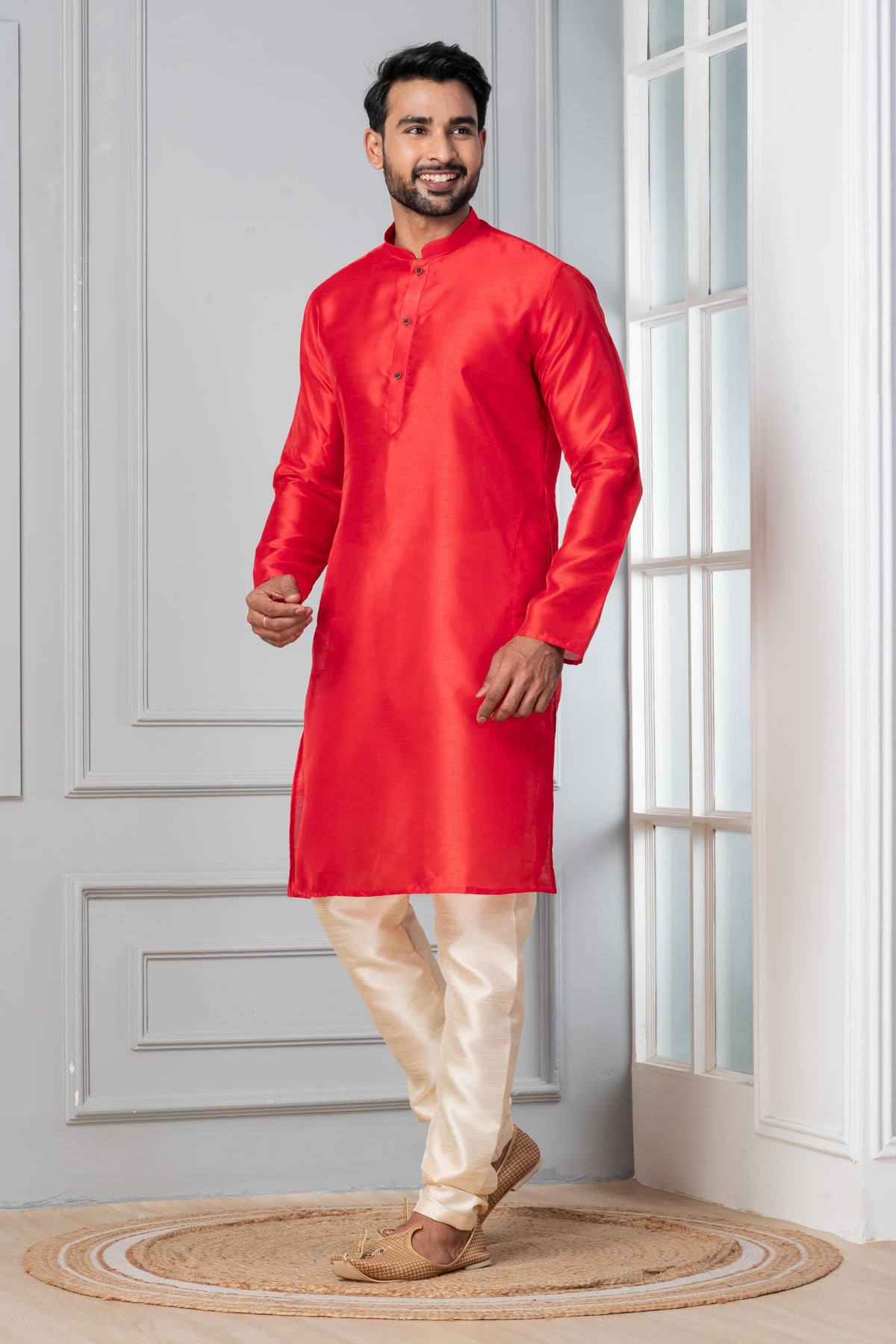 Zavaya Men Red Solid Banarasi Silk Kurta | Grocsy