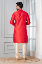 Zavaya Men Red Solid Banarasi Silk Kurta | Grocsy