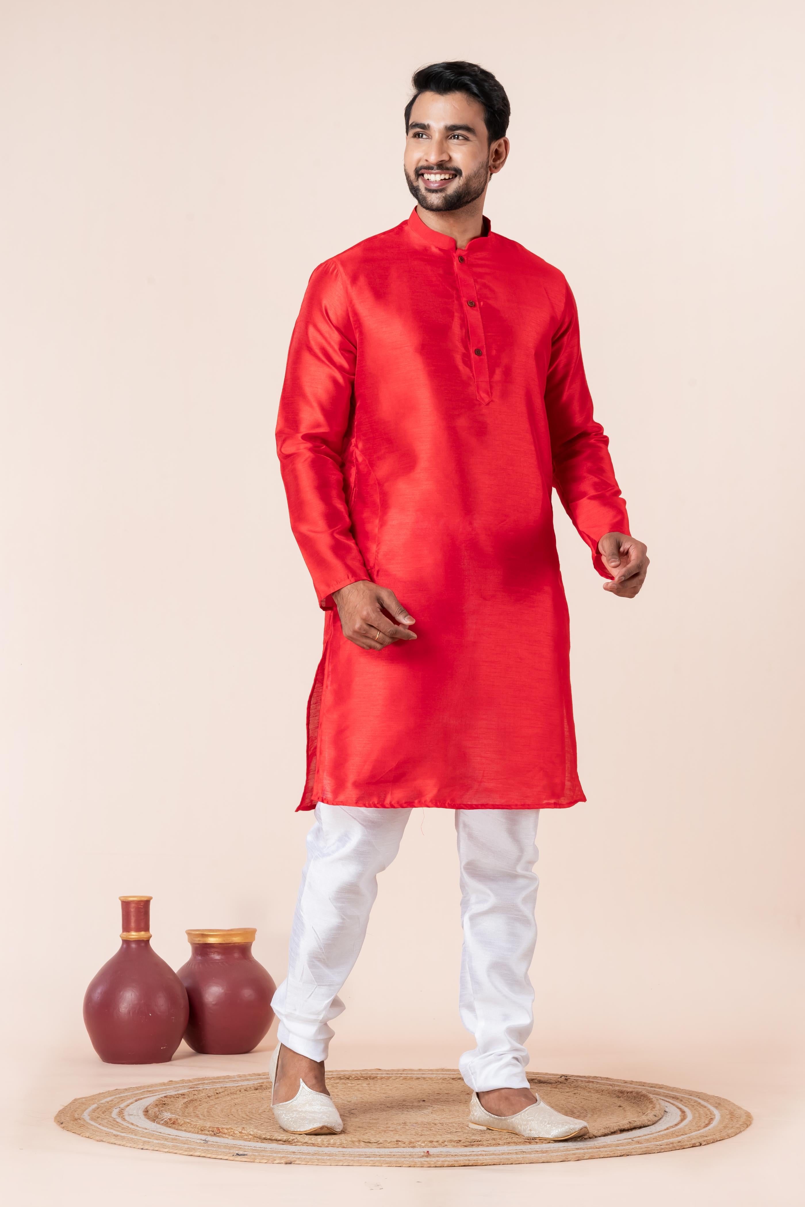 Zavaya Men Red Solid Banarasi Silk Kurta Churidar Set | Grocsy