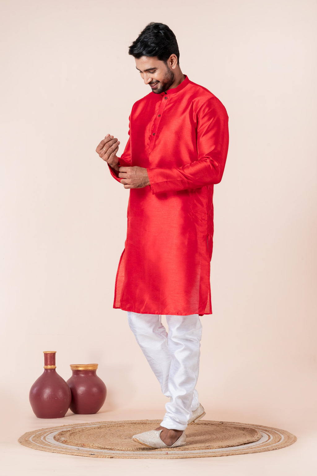 Zavaya Men Red Solid Banarasi Silk Kurta Churidar Set | Grocsy