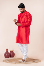 Zavaya Men Red Solid Banarasi Silk Kurta Churidar Set | Grocsy
