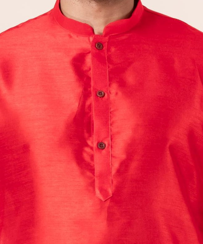 Zavaya Men Red Solid Banarasi Silk Kurta Churidar Set | Grocsy