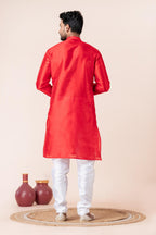 Zavaya Men Red Solid Banarasi Silk Kurta Churidar Set | Grocsy