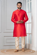 Zavaya Men Red Solid Banarasi Silk Kurta Churidar Set | Grocsy