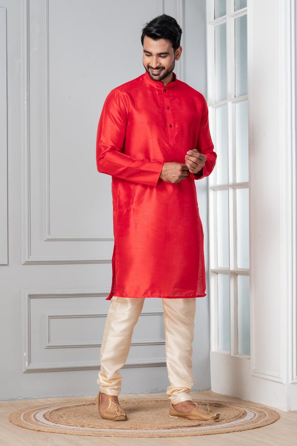 Zavaya Men Red Solid Banarasi Silk Kurta Churidar Set | Grocsy