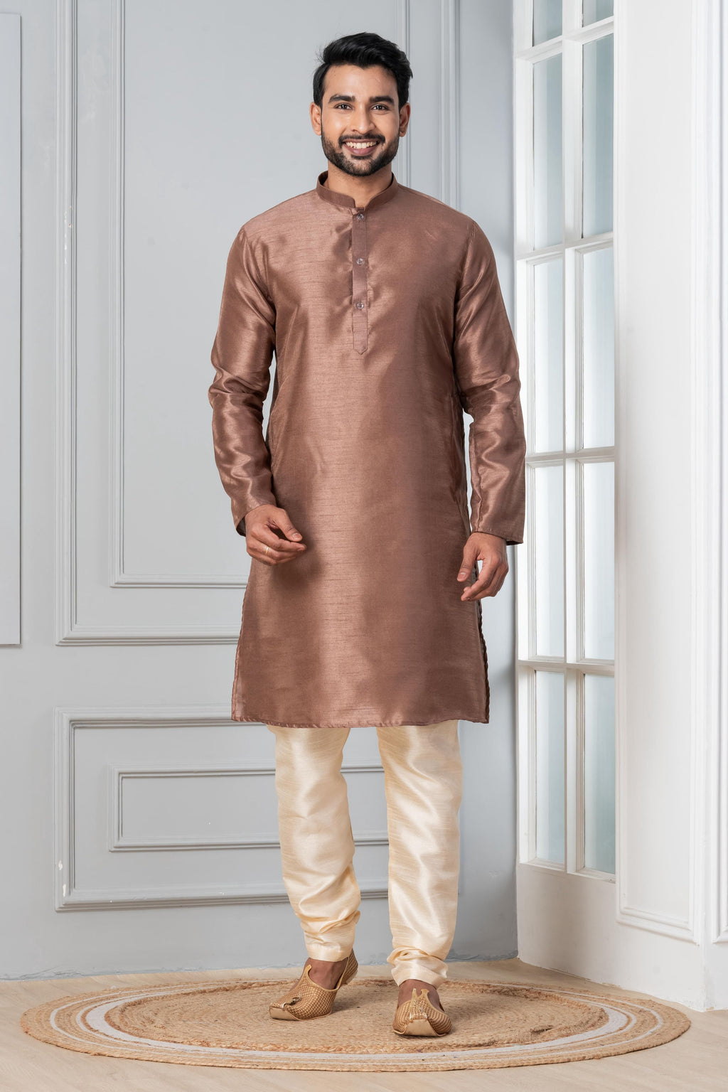 Zavaya Men Brown Solid Banarasi Silk Kurta | Grocsy