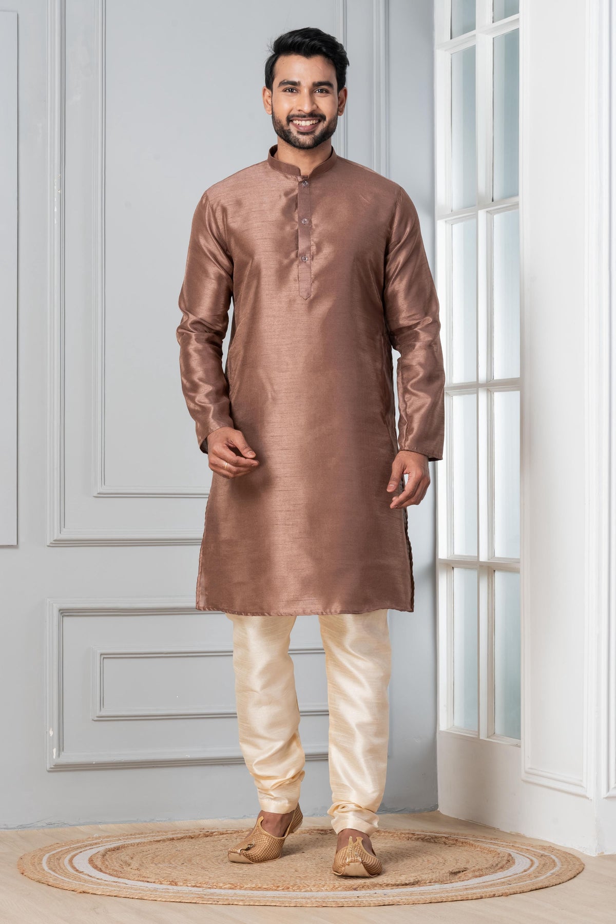 Zavaya Men Brown Solid Banarasi Silk Kurta | Grocsy