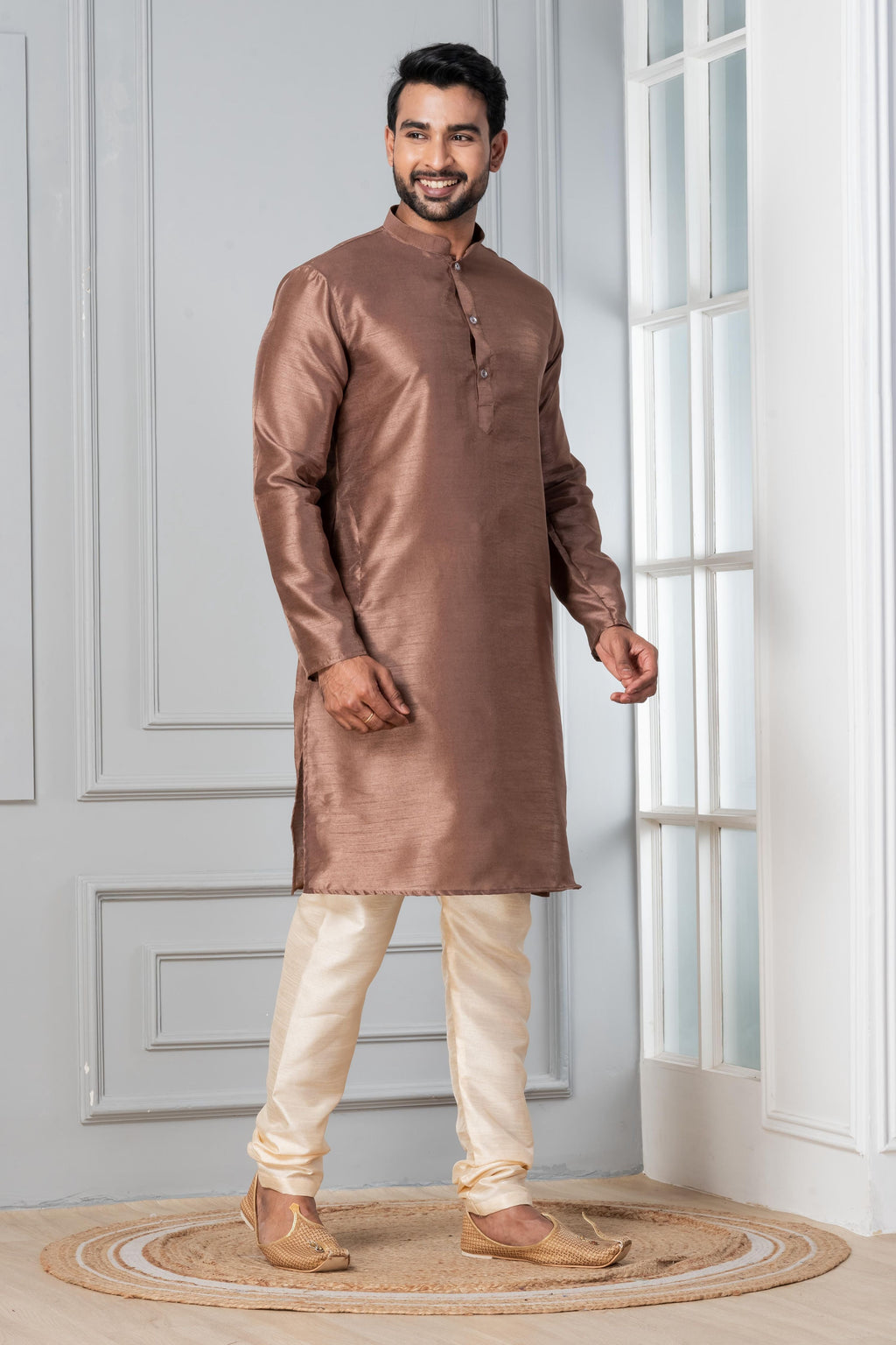 Zavaya Men Brown Solid Banarasi Silk Kurta | Grocsy