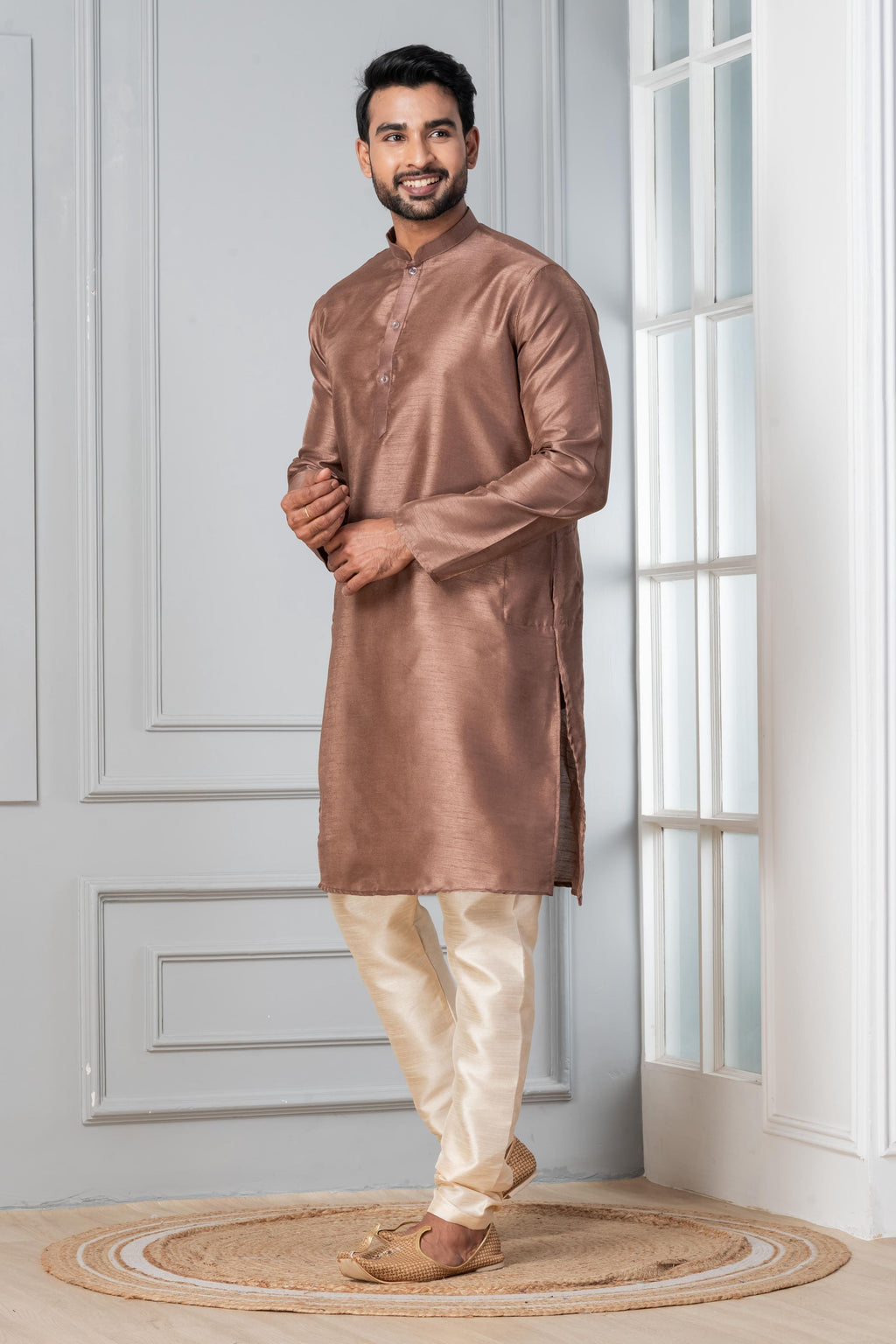 Zavaya Men Brown Solid Banarasi Silk Kurta | Grocsy