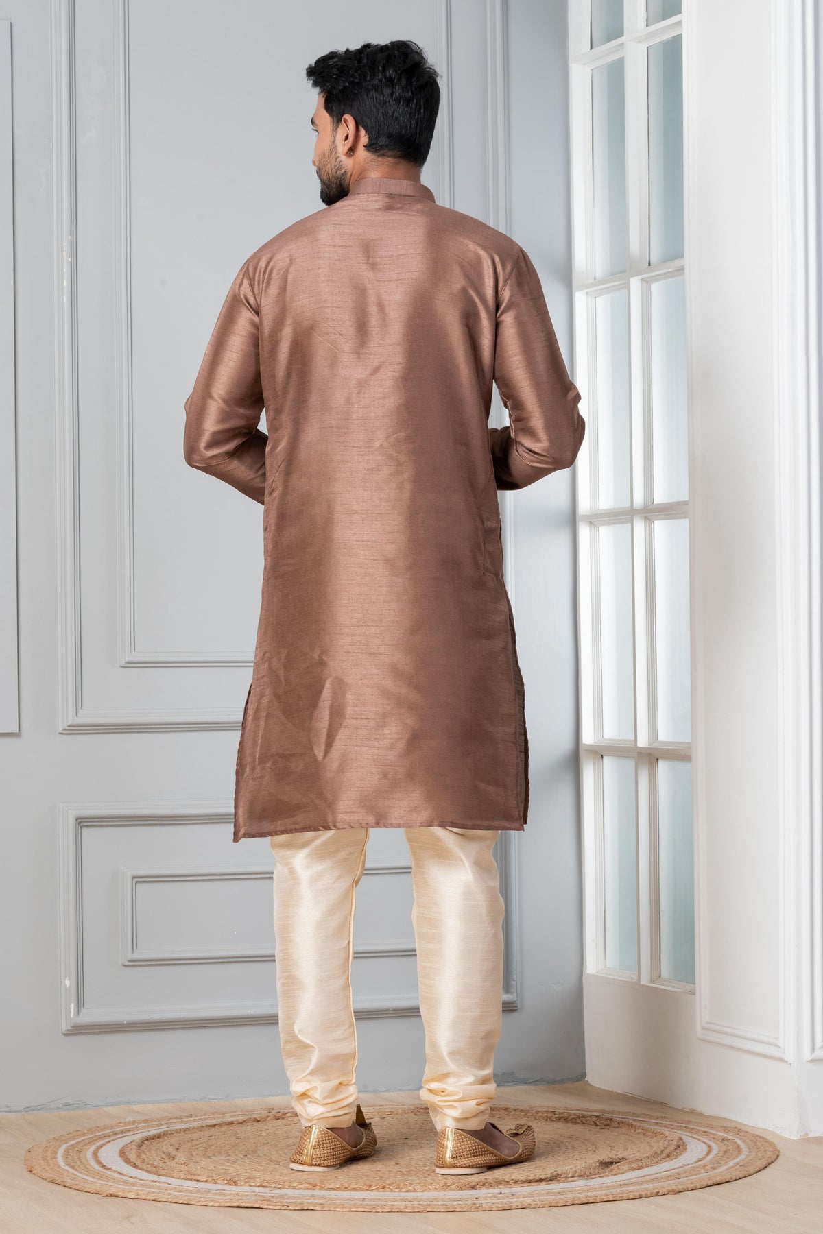 Zavaya Men Brown Solid Banarasi Silk Kurta Churidar Set | Grocsy