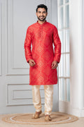Zavaya Men Red Printed Banarasi Silk Kurta | Grocsy