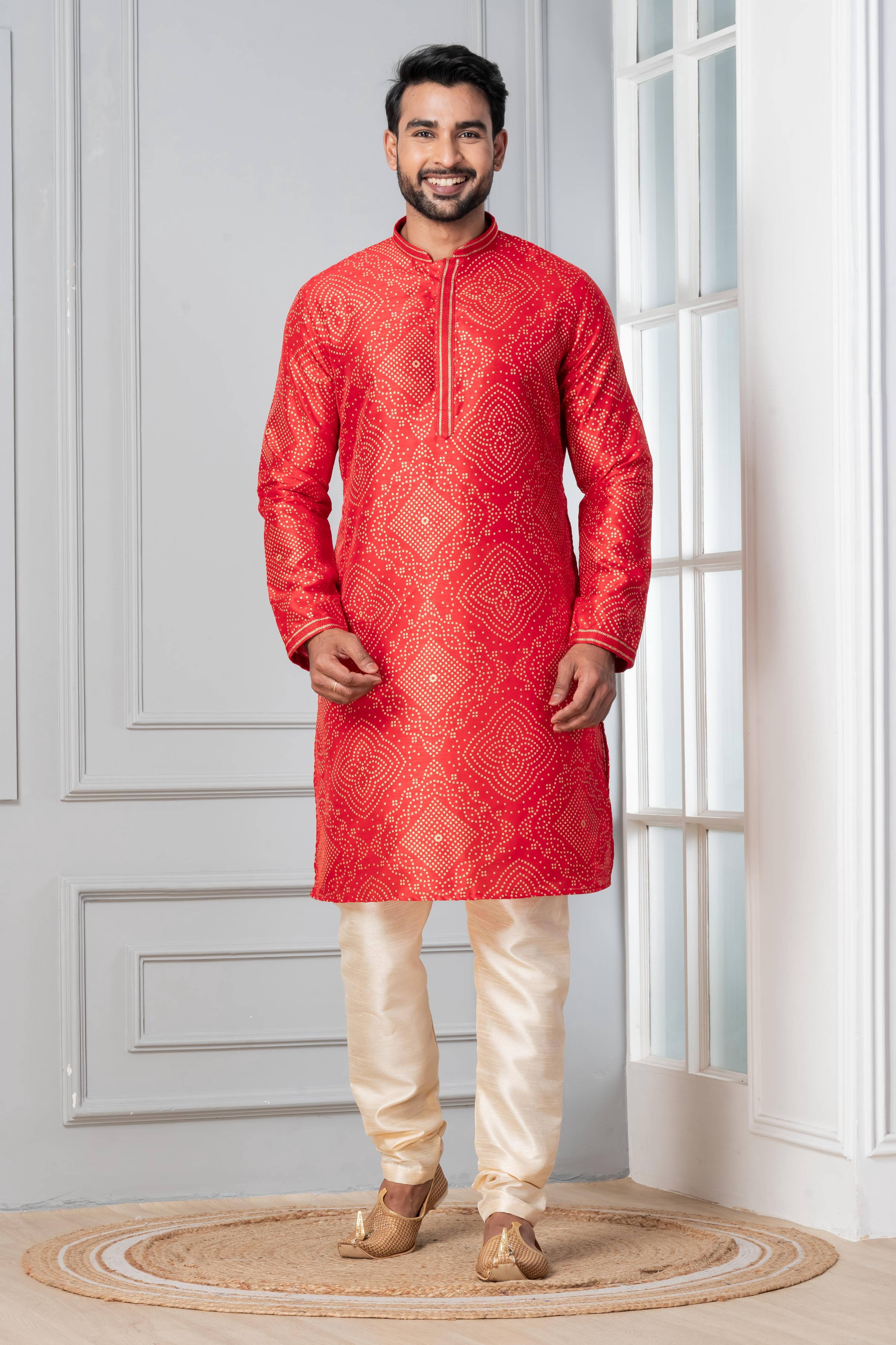 Zavaya Men Red Printed Banarasi Silk Kurta | Grocsy