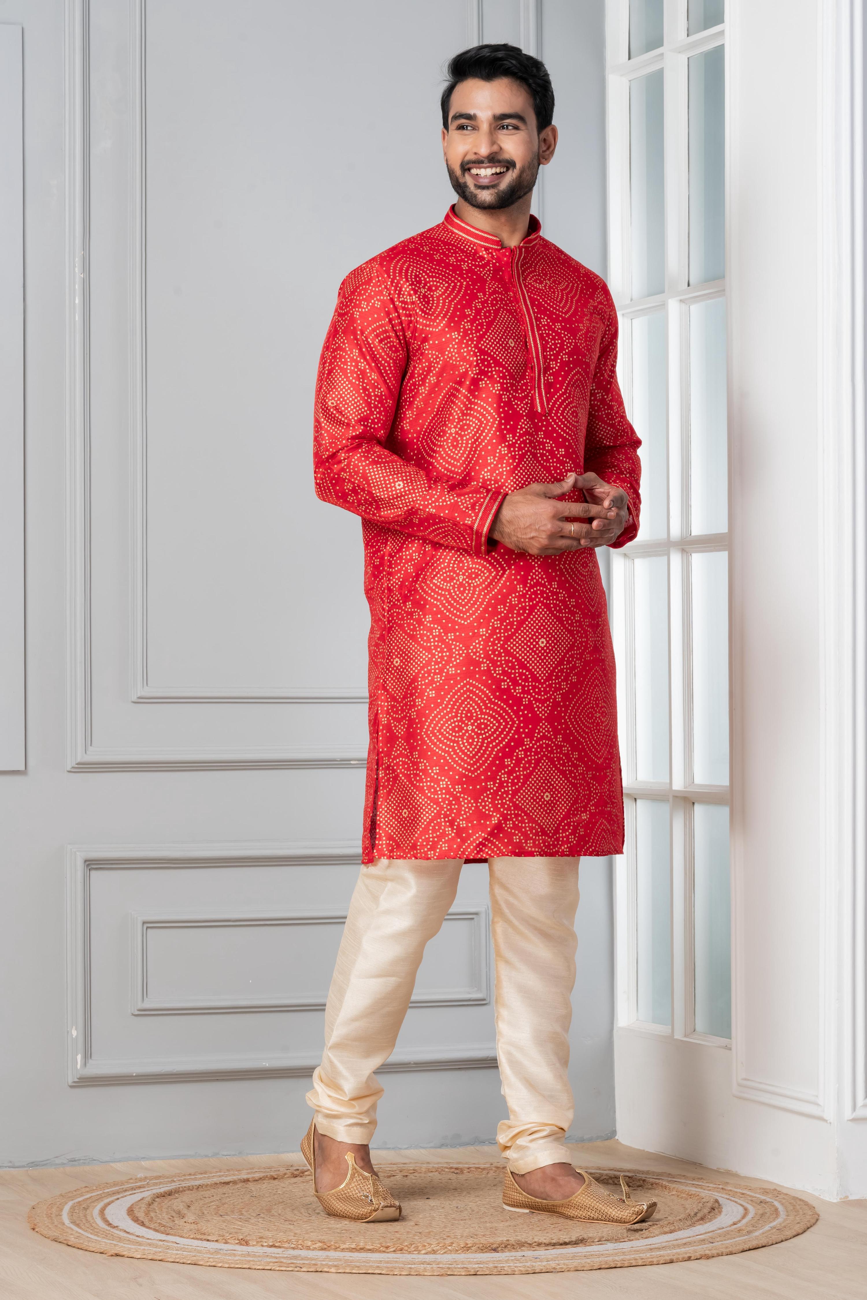 Zavaya Men Red Printed Banarasi Silk Kurta | Grocsy