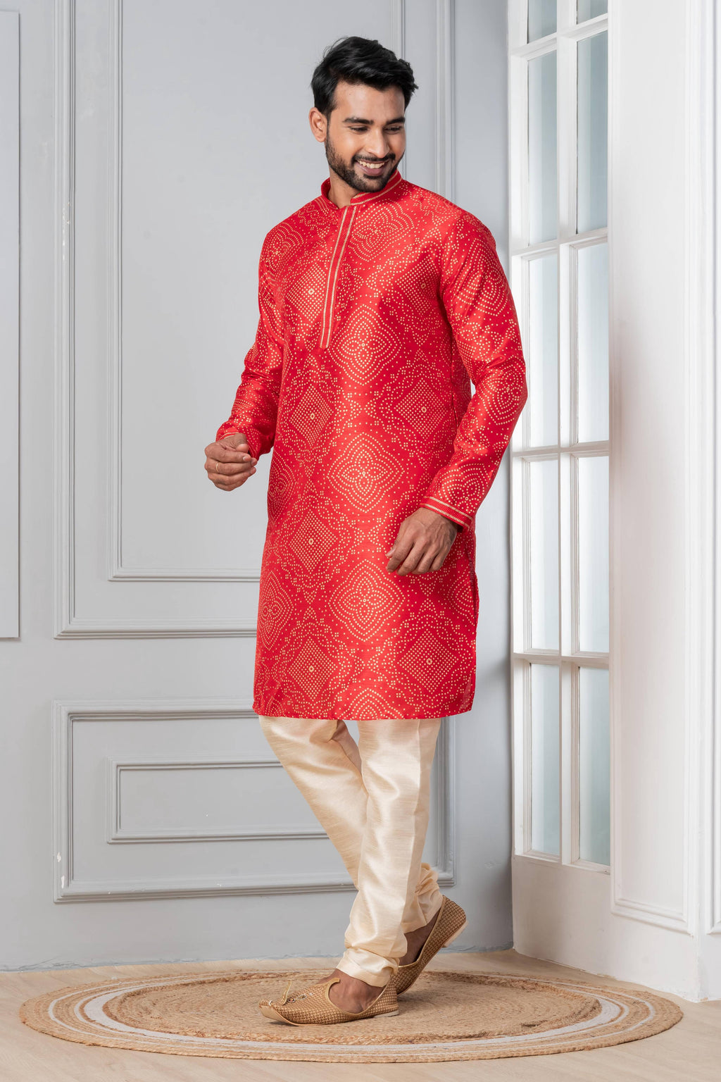 Zavaya Men Red Printed Banarasi Silk Kurta | Grocsy