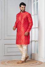 Zavaya Men Red Printed Banarasi Silk Kurta | Grocsy