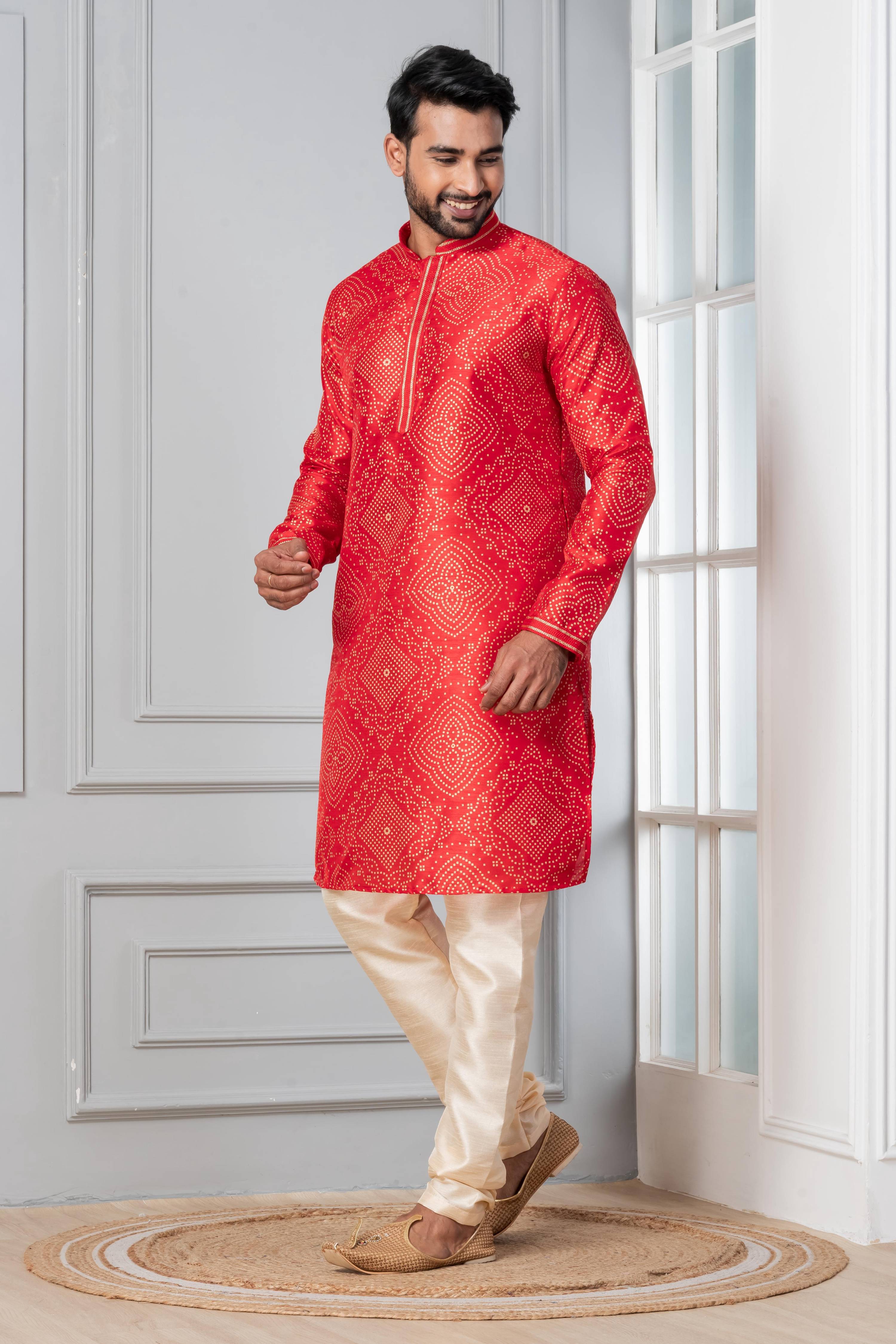 Zavaya Men Red Printed Banarasi Silk Kurta | Grocsy