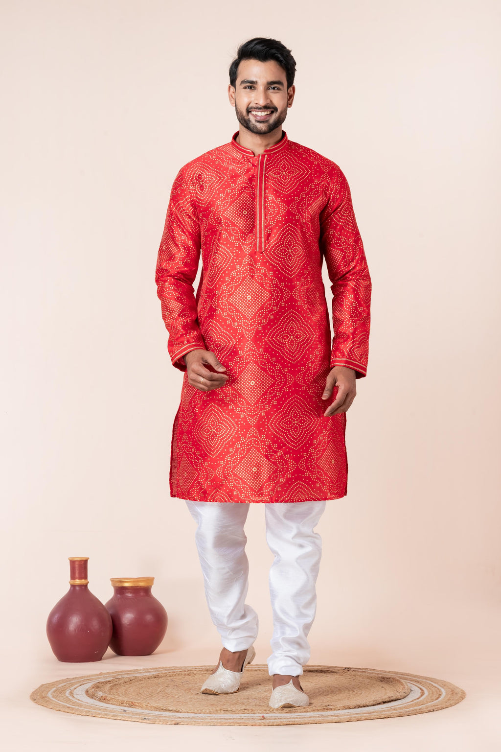 Zavaya Men Red Printed Banarasi Silk Kurta Churidar Set | Grocsy