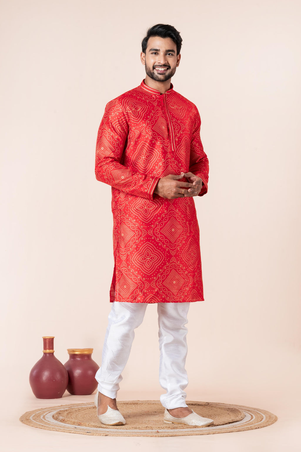 Zavaya Men Red Printed Banarasi Silk Kurta Churidar Set | Grocsy
