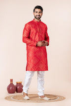 Zavaya Men Red Printed Banarasi Silk Kurta Churidar Set | Grocsy