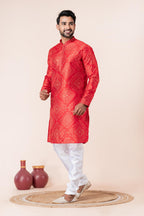 Zavaya Men Red Printed Banarasi Silk Kurta Churidar Set | Grocsy