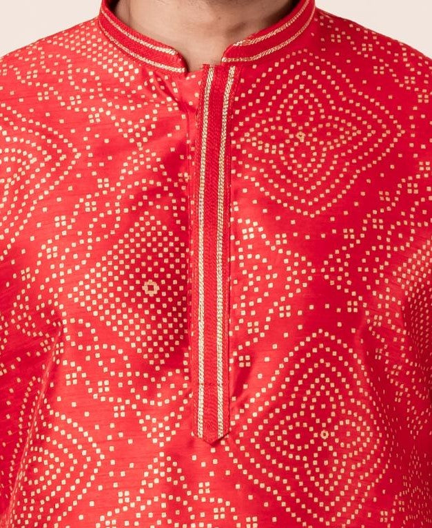 Zavaya Men Red Printed Banarasi Silk Kurta Churidar Set | Grocsy
