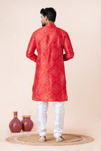 Zavaya Men Red Printed Banarasi Silk Kurta Churidar Set | Grocsy