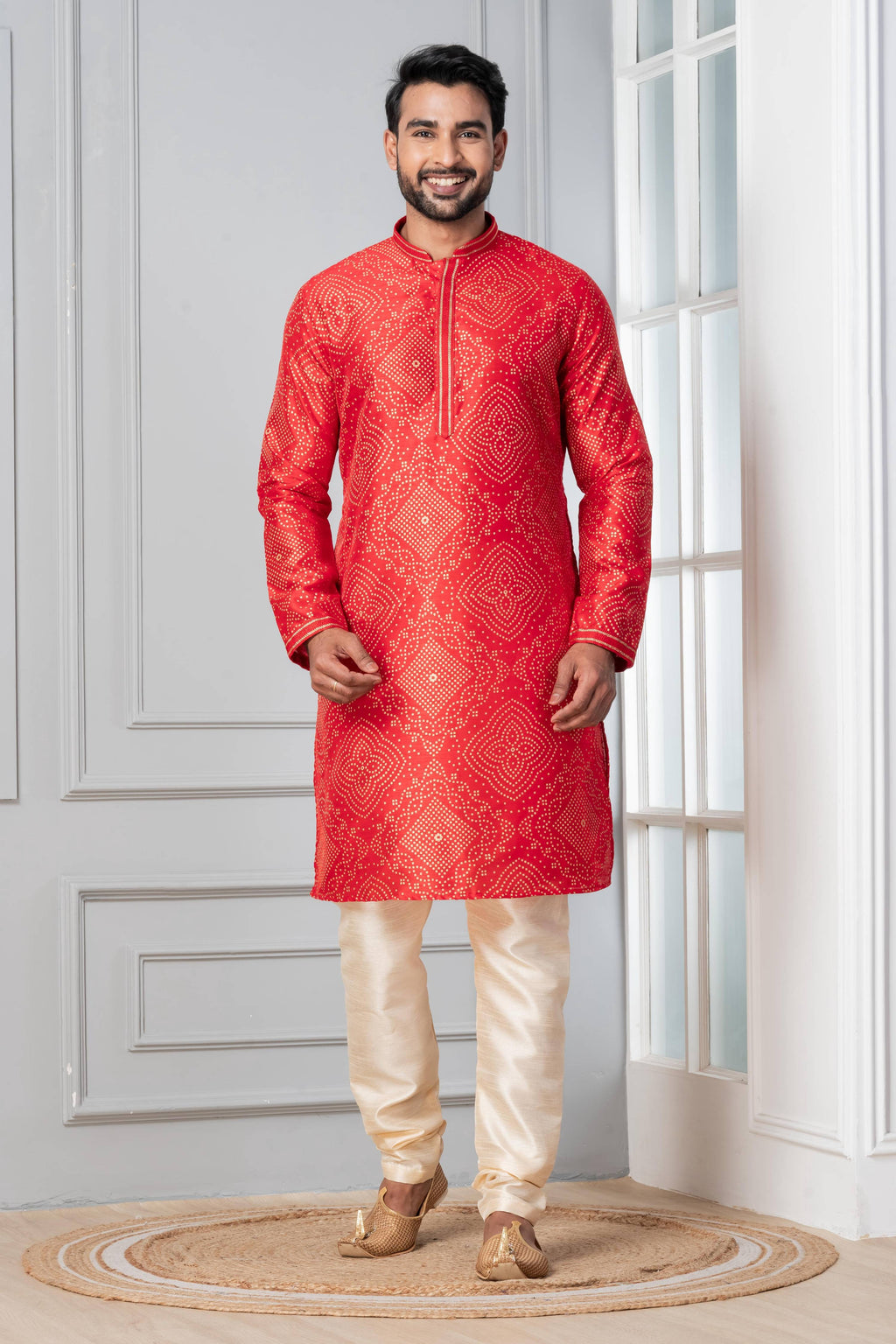 Zavaya Men Red Printed Banarasi Silk Kurta Churidar Set | Grocsy