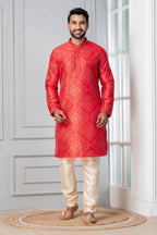 Zavaya Men Red Printed Banarasi Silk Kurta Churidar Set | Grocsy
