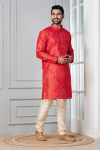 Zavaya Men Red Printed Banarasi Silk Kurta Churidar Set | Grocsy