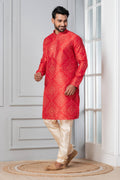 Zavaya Men Red Printed Banarasi Silk Kurta Churidar Set | Grocsy