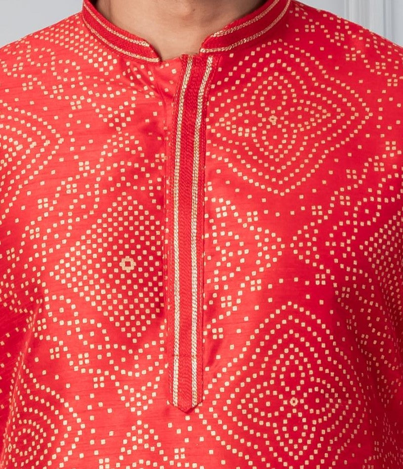 Zavaya Men Red Printed Banarasi Silk Kurta Churidar Set | Grocsy