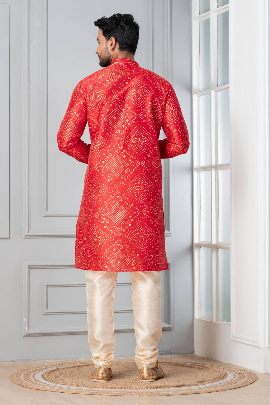 Zavaya Men Red Printed Banarasi Silk Kurta Churidar Set | Grocsy
